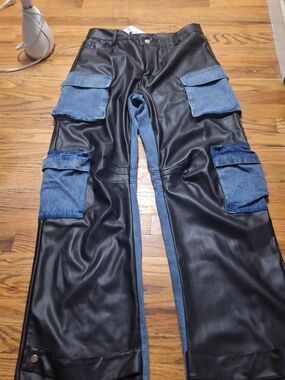 AKIRA Black Faux Leather Cargo Jeans with Blue Denim Panels